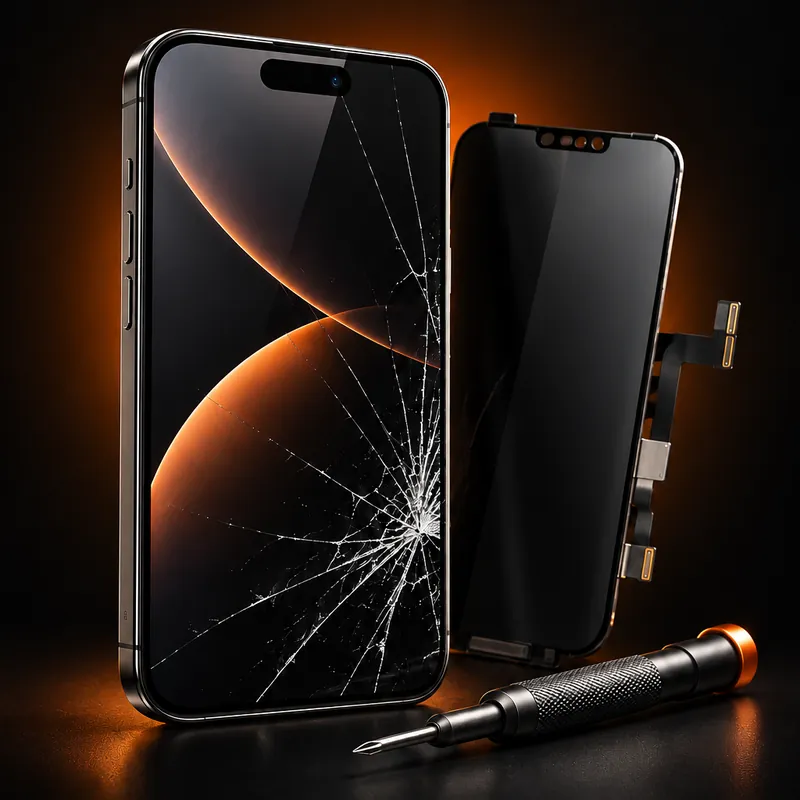 Celular com a tela trincada ao lado de uma tela nova de reposição e uma chave de precisão