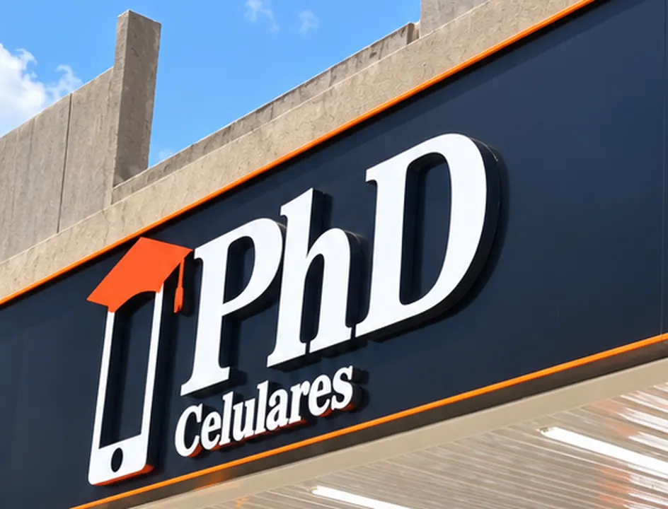 Fachada da loja PHD Celulares em Maringá, com o letreiro da marca em fundo escuro e detalhes em laranja